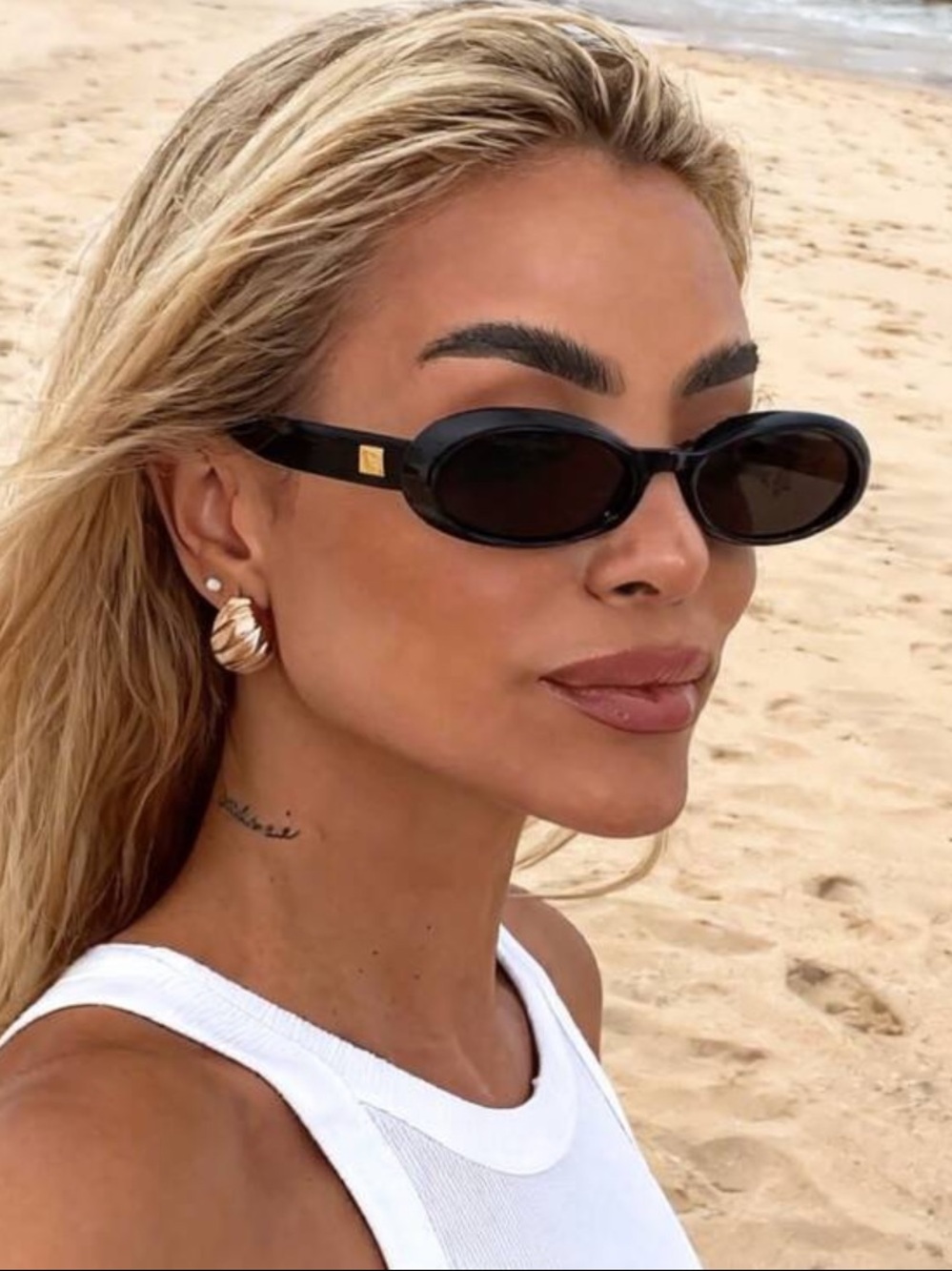 Free People Glossy Black Slim Oval Retro Boho Sunglasses with gold accents - Picture 9 of 15